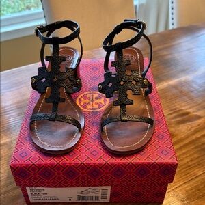 Tory Burch Black Cut-Out Leather Sandals